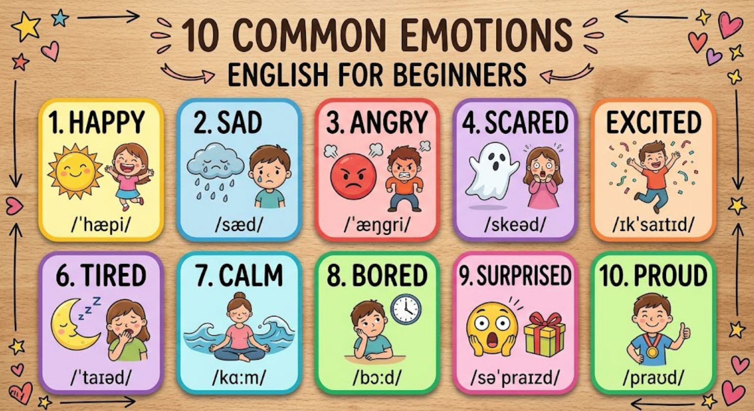 Emocje po angielsku – फ़ोटो से पढ़े गए शब्द (अंग्रेज़ी): happy, sad, angry, scared