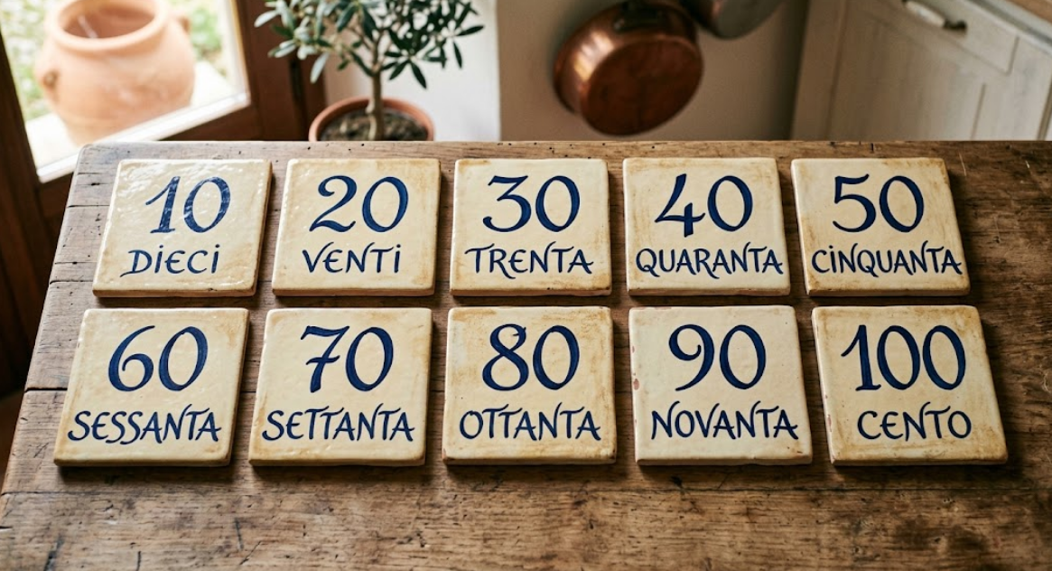 Liczby od 10 do 100 – слова (итальянский), прочитанные с фото: dieci, venti, trenta, quaranta