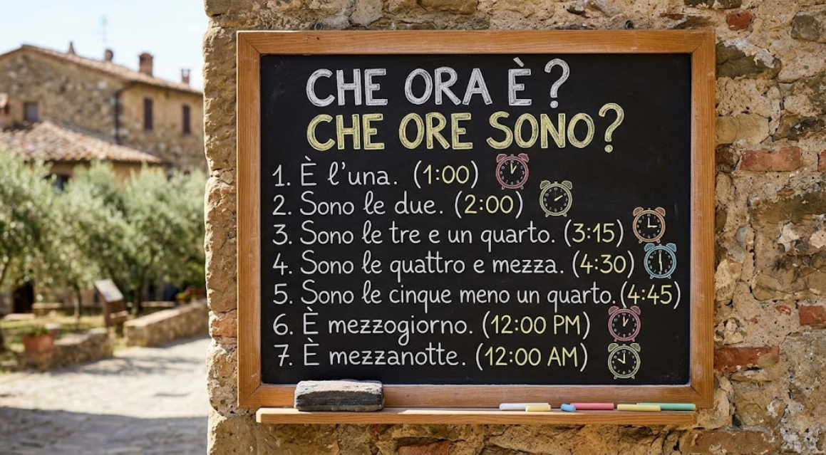 Pory dnia i godziny – 사진에서 읽은 단어 (이탈리아어): Che ora è?, Che ore sono?, È l'una., Sono le due.