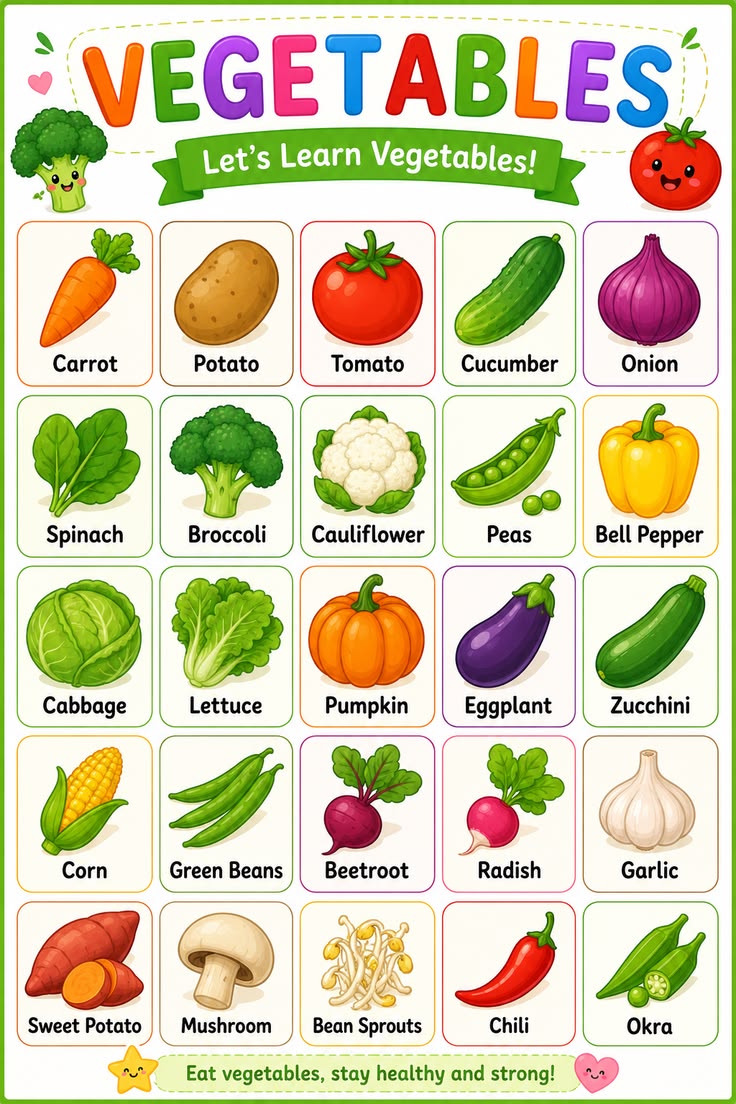 Warzywa i zdrowie – फ़ोटो से पढ़े गए शब्द (अंग्रेज़ी): Carrot, Potato, Tomato, Cucumber
