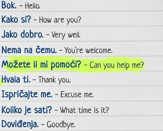 Podstawowe zwroty – 사진에서 읽은 단어 (크로아티아어): Bok., Kako si?, Jako dobro., Nema na čemu.