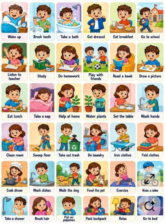 Czynności dnia codziennego – 사진에서 읽은 단어 (영어): Wake up, Brush teeth, Take a bath, Get dressed