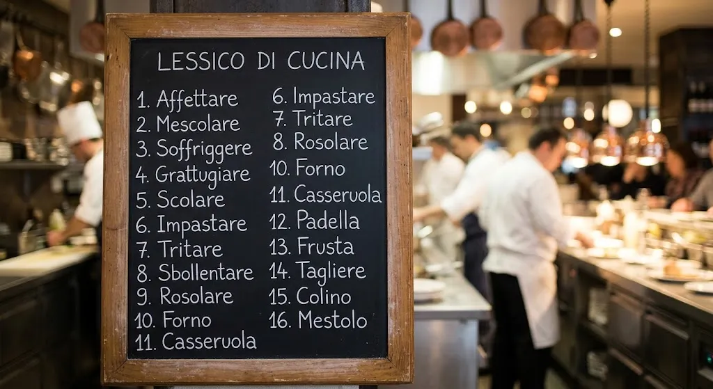 Czynności kuchenne i naczynia po włosku: forno, affettare, mescolare, soffriggere, grattugiare, scolare, …