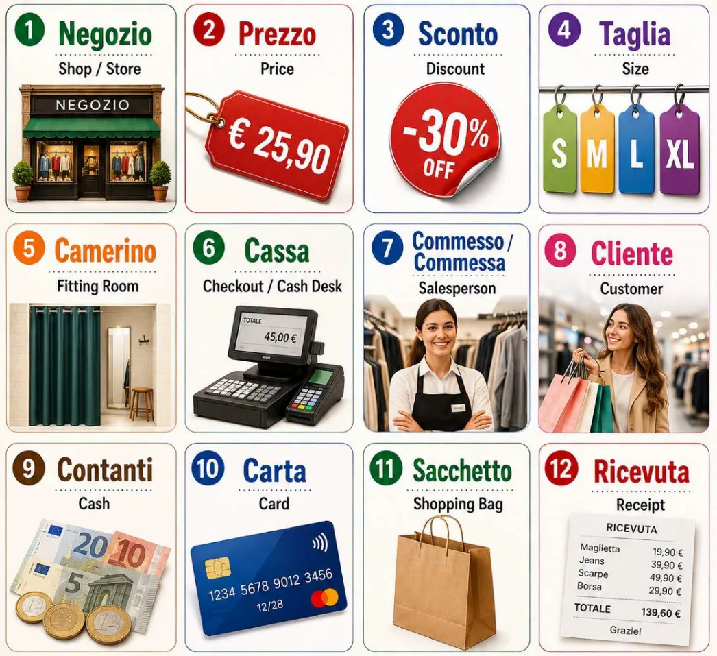 W sklepie po włosku: Prezzo, Sconto, Ricevuta, Contanti, Negozio, Taglia, …