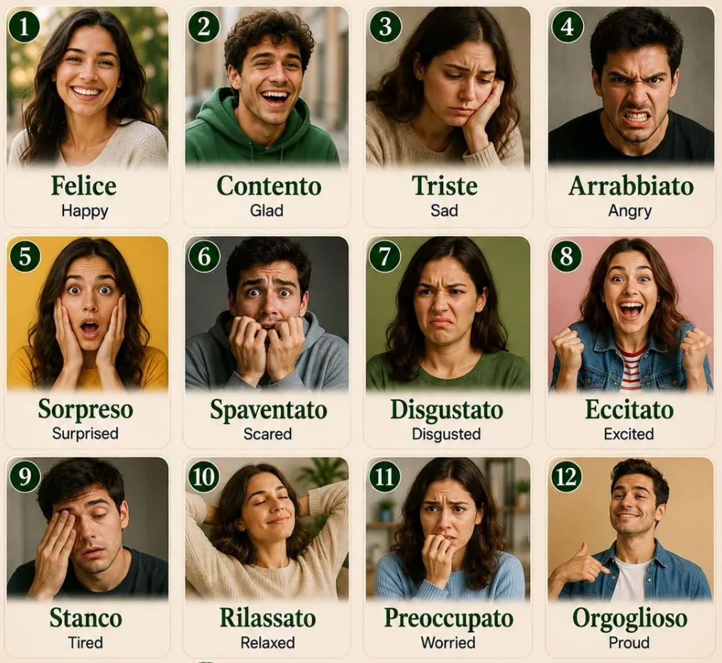 Emocje i stany po włosku: Felice, Triste, Contento, Arrabbiato, Sorpreso, Spaventato, …