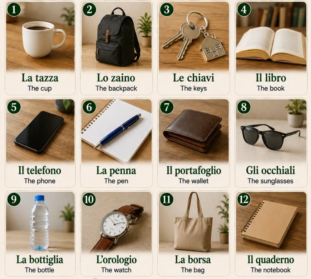 Przedmioty codziennego użytku po włosku: La tazza, Lo zaino, Le chiavi, Il libro, Il telefono, La penna, …