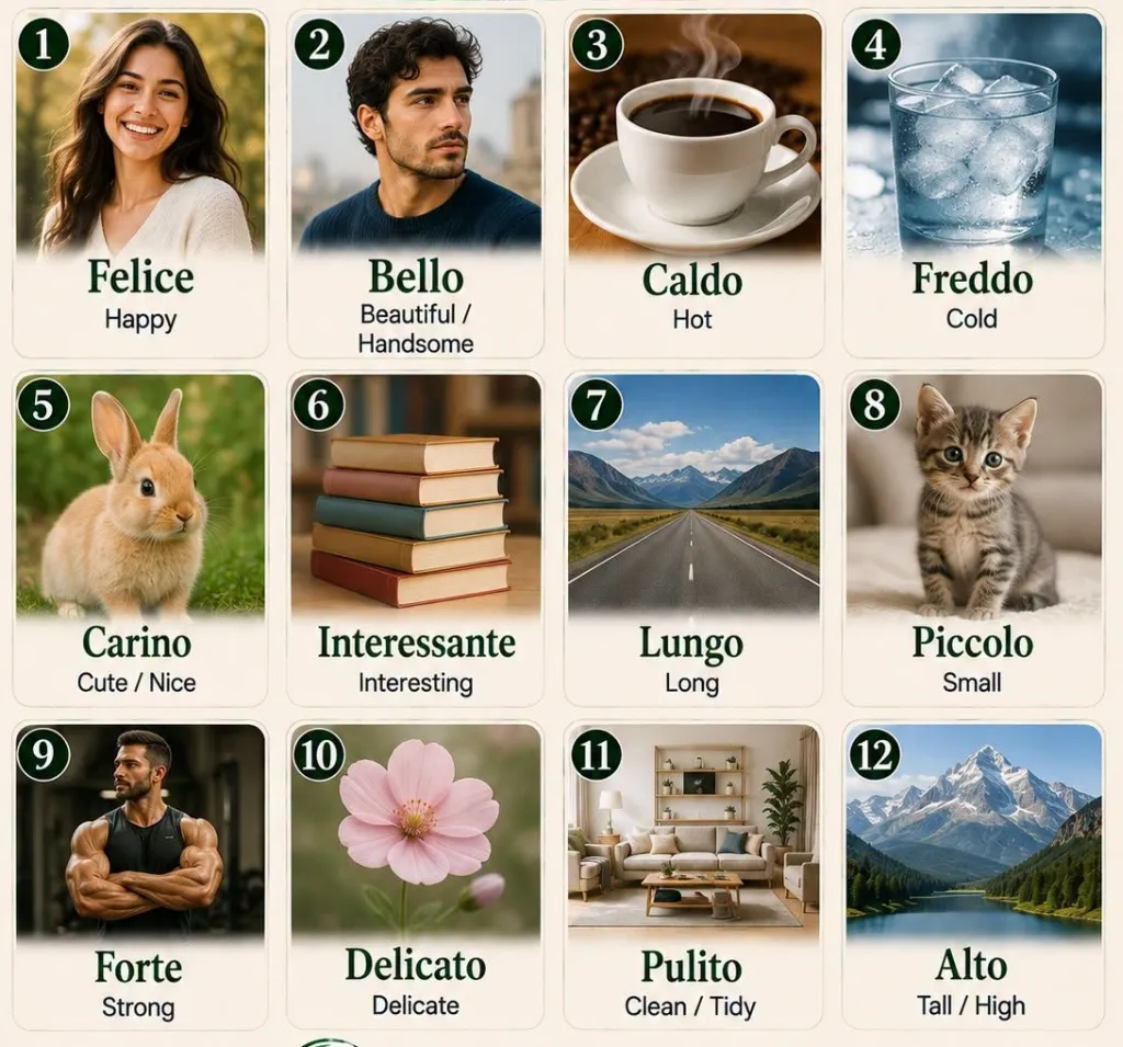 Przymiotniki opisowe po włosku: Felice, Caldo, Freddo, Piccolo, Alto, Bello, …