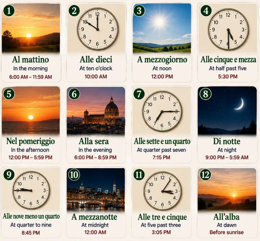 Pory dnia i godziny po włosku: Al mattino, Alle dieci, A mezzogiorno, Alle cinque e mezza, Nel pomeriggio, Alla sera, …