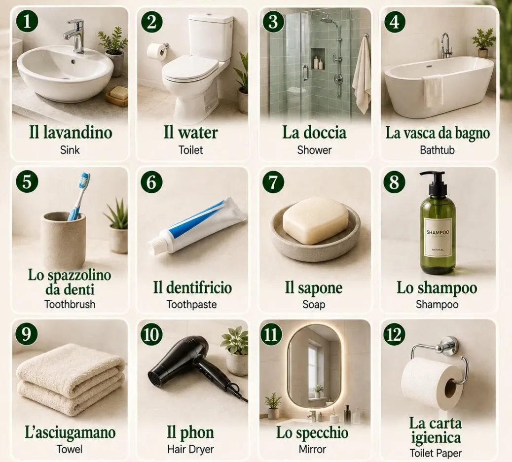 W łazience po włosku: Il lavandino, Il water, La doccia, La vasca da bagno, Lo spazzolino da denti, Il dentifricio, …