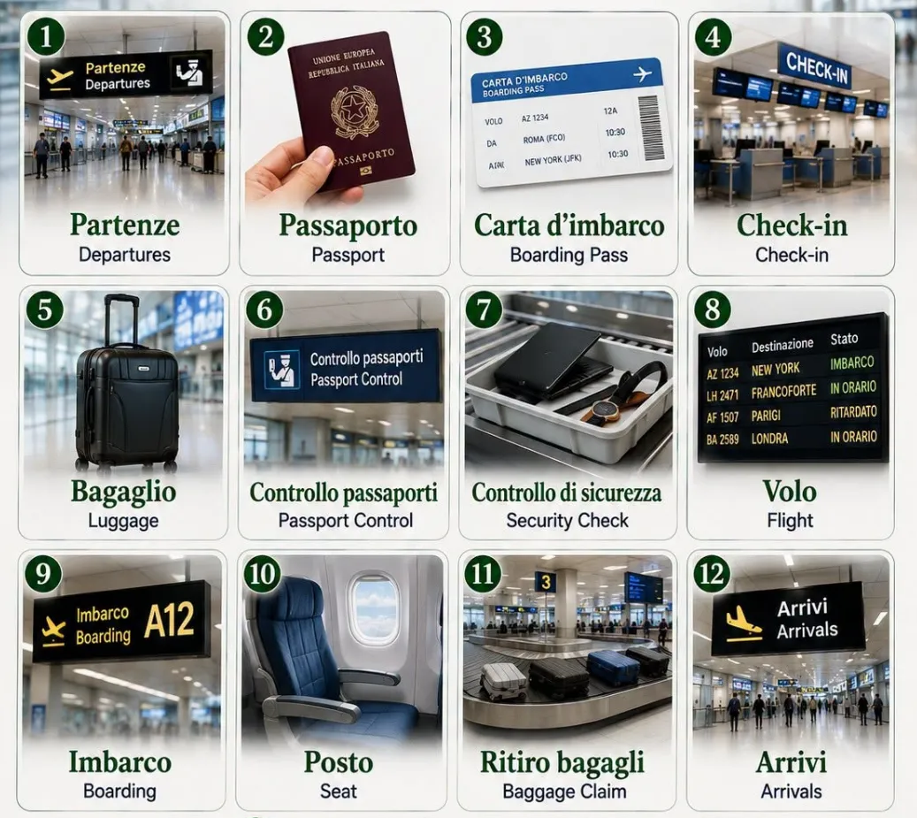 Na lotnisku po włosku: Partenze, Passaporto, Carta d'imbarco, Check-in, Bagaglio, Controllo passaporti, …
